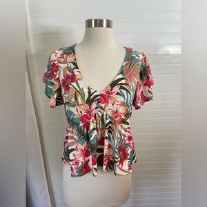 Evolutionary Tropical Floral Eyelet Babydoll Blouse Size Large NWT